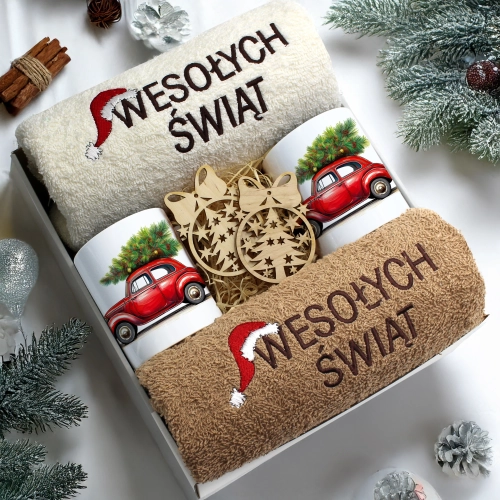 ZESTAW PREZENT ŚWIĄTECZNY KOMPLET KUBKI RĘCZNIKI ŚWIĘTA MIKOŁAJ POD CHOINKĘ
