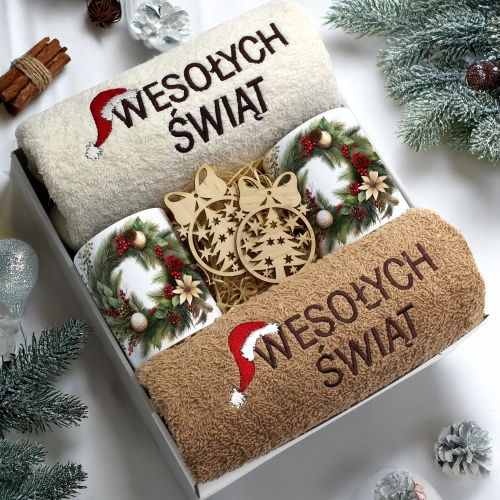 ZESTAW PREZENT ŚWIĄTECZNY KOMPLET KUBKI RĘCZNIKI ŚWIĘTA MIKOŁAJ POD CHOINKĘ