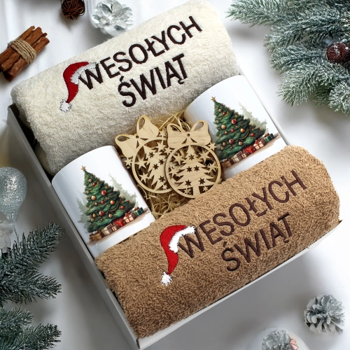 ZESTAW PREZENT ŚWIĄTECZNY KOMPLET KUBKI RĘCZNIKI ŚWIĘTA MIKOŁAJ POD CHOINKĘ