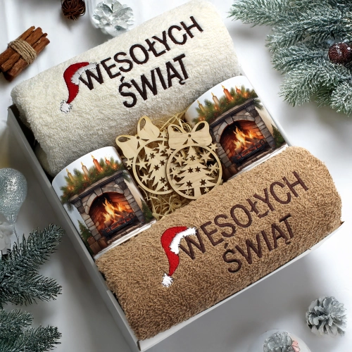 ZESTAW PREZENT ŚWIĄTECZNY KOMPLET KUBKI RĘCZNIKI ŚWIĘTA MIKOŁAJ POD CHOINKĘ