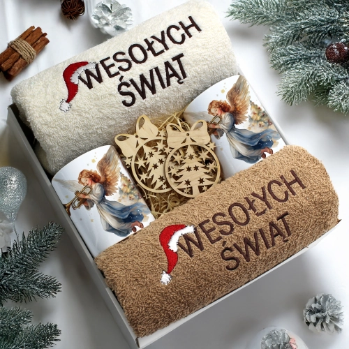 ZESTAW PREZENT ŚWIĄTECZNY KOMPLET KUBKI RĘCZNIKI ŚWIĘTA MIKOŁAJ POD CHOINKĘ