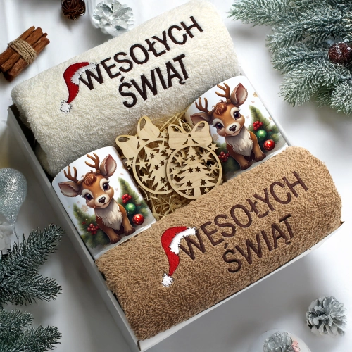 ZESTAW PREZENT ŚWIĄTECZNY KOMPLET KUBKI RĘCZNIKI ŚWIĘTA MIKOŁAJ POD CHOINKĘ