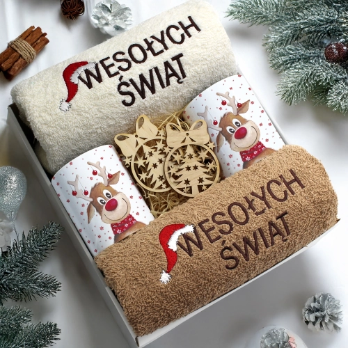 ZESTAW PREZENT ŚWIĄTECZNY KOMPLET KUBKI RĘCZNIKI ŚWIĘTA MIKOŁAJ POD CHOINKĘ