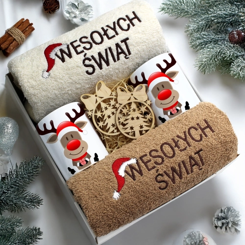 ZESTAW PREZENT ŚWIĄTECZNY KOMPLET KUBKI RĘCZNIKI ŚWIĘTA MIKOŁAJ POD CHOINKĘ
