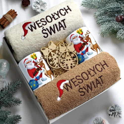ZESTAW PREZENT ŚWIĄTECZNY KOMPLET KUBKI RĘCZNIKI ŚWIĘTA MIKOŁAJ POD CHOINKĘ