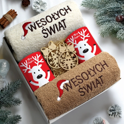 ZESTAW PREZENT ŚWIĄTECZNY KOMPLET KUBKI RĘCZNIKI ŚWIĘTA MIKOŁAJ POD CHOINKĘ
