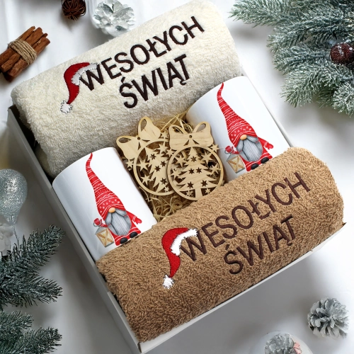 ZESTAW PREZENT ŚWIĄTECZNY KOMPLET KUBKI RĘCZNIKI ŚWIĘTA MIKOŁAJ POD CHOINKĘ