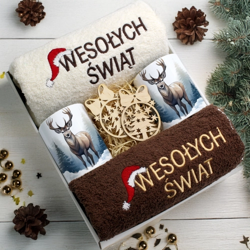 ZESTAW PREZENT ŚWIĄTECZNY KOMPLET KUBKI RĘCZNIKI ŚWIĘTA MIKOŁAJ POD CHOINKĘ