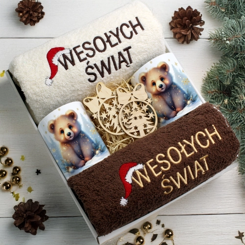 ZESTAW PREZENT ŚWIĄTECZNY KOMPLET KUBKI RĘCZNIKI ŚWIĘTA MIKOŁAJ POD CHOINKĘ