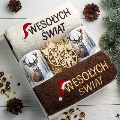 ZESTAW PREZENT ŚWIĄTECZNY KOMPLET KUBKI RĘCZNIKI ŚWIĘTA MIKOŁAJ POD CHOINKĘ