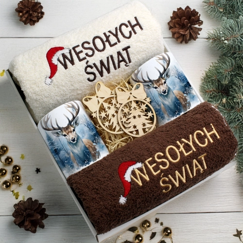 ZESTAW PREZENT ŚWIĄTECZNY KOMPLET KUBKI RĘCZNIKI ŚWIĘTA MIKOŁAJ POD CHOINKĘ