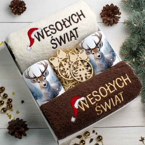 ZESTAW PREZENT ŚWIĄTECZNY KOMPLET KUBKI RĘCZNIKI ŚWIĘTA MIKOŁAJ POD CHOINKĘ