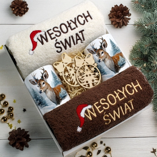 ZESTAW PREZENT ŚWIĄTECZNY KOMPLET KUBKI RĘCZNIKI ŚWIĘTA MIKOŁAJ POD CHOINKĘ