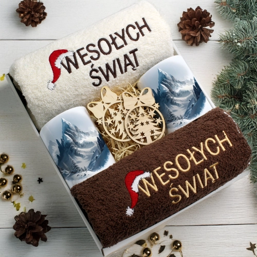 ZESTAW PREZENT ŚWIĄTECZNY KOMPLET KUBKI RĘCZNIKI ŚWIĘTA MIKOŁAJ POD CHOINKĘ