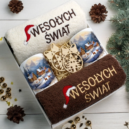 ZESTAW PREZENT ŚWIĄTECZNY KOMPLET KUBKI RĘCZNIKI ŚWIĘTA MIKOŁAJ POD CHOINKĘ