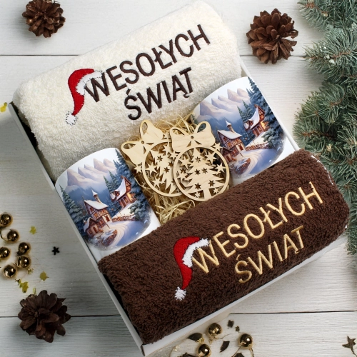 ZESTAW PREZENT ŚWIĄTECZNY KOMPLET KUBKI RĘCZNIKI ŚWIĘTA MIKOŁAJ POD CHOINKĘ