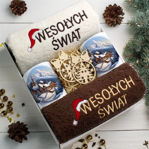 ZESTAW PREZENT ŚWIĄTECZNY KOMPLET KUBKI RĘCZNIKI ŚWIĘTA MIKOŁAJ POD CHOINKĘ