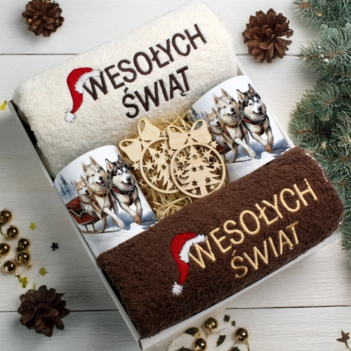 ZESTAW PREZENT ŚWIĄTECZNY KOMPLET KUBKI RĘCZNIKI ŚWIĘTA MIKOŁAJ POD CHOINKĘ