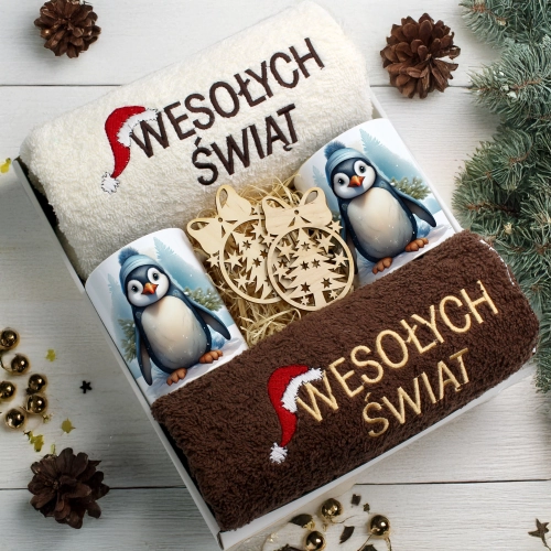 ZESTAW PREZENT ŚWIĄTECZNY KOMPLET KUBKI RĘCZNIKI ŚWIĘTA MIKOŁAJ POD CHOINKĘ