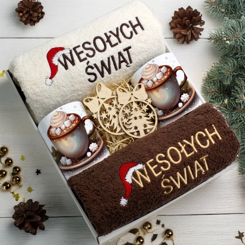 ZESTAW PREZENT ŚWIĄTECZNY KOMPLET KUBKI RĘCZNIKI ŚWIĘTA MIKOŁAJ POD CHOINKĘ