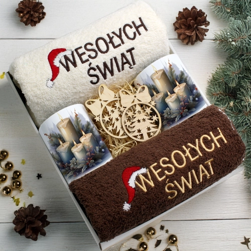 ZESTAW PREZENT ŚWIĄTECZNY KOMPLET KUBKI RĘCZNIKI ŚWIĘTA MIKOŁAJ POD CHOINKĘ