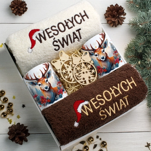 ZESTAW PREZENT ŚWIĄTECZNY KOMPLET KUBKI RĘCZNIKI ŚWIĘTA MIKOŁAJ POD CHOINKĘ