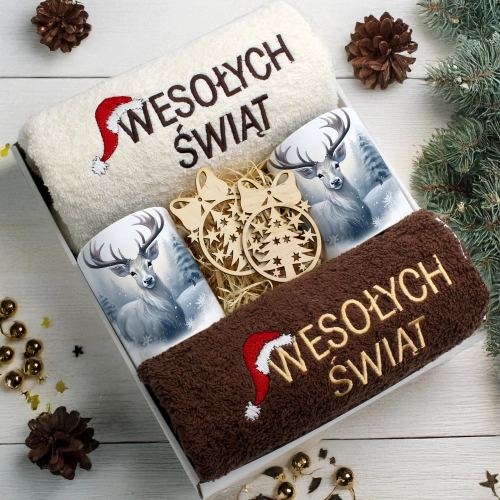 ZESTAW PREZENT ŚWIĄTECZNY KOMPLET KUBKI RĘCZNIKI ŚWIĘTA MIKOŁAJ POD CHOINKĘ