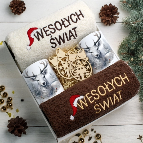 ZESTAW PREZENT ŚWIĄTECZNY KOMPLET KUBKI RĘCZNIKI ŚWIĘTA MIKOŁAJ POD CHOINKĘ