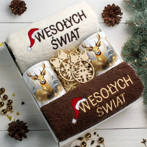 ZESTAW PREZENT ŚWIĄTECZNY KOMPLET KUBKI RĘCZNIKI ŚWIĘTA MIKOŁAJ POD CHOINKĘ