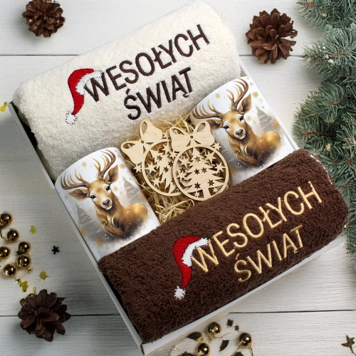 ZESTAW PREZENT ŚWIĄTECZNY KOMPLET KUBKI RĘCZNIKI ŚWIĘTA MIKOŁAJ POD CHOINKĘ