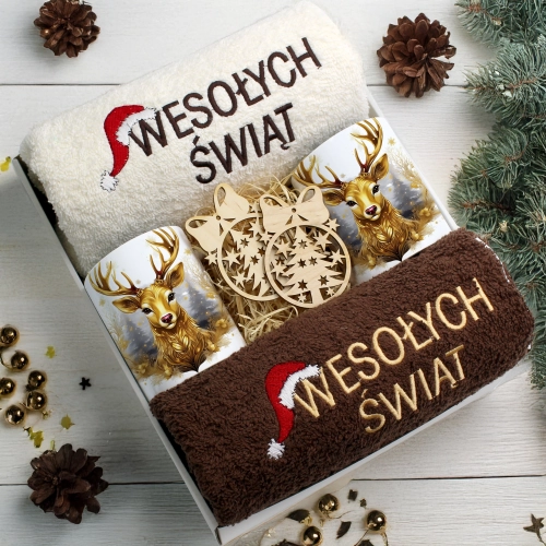 ZESTAW PREZENT ŚWIĄTECZNY KOMPLET KUBKI RĘCZNIKI ŚWIĘTA MIKOŁAJ POD CHOINKĘ