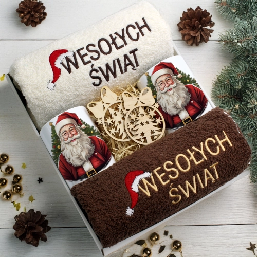 ZESTAW PREZENT ŚWIĄTECZNY KOMPLET KUBKI RĘCZNIKI ŚWIĘTA MIKOŁAJ POD CHOINKĘ