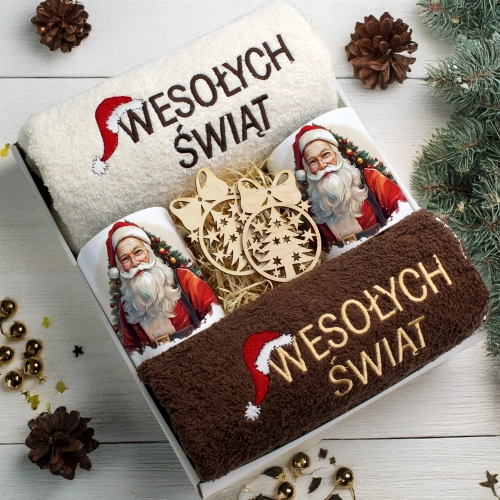 ZESTAW PREZENT ŚWIĄTECZNY KOMPLET KUBKI RĘCZNIKI ŚWIĘTA MIKOŁAJ POD CHOINKĘ