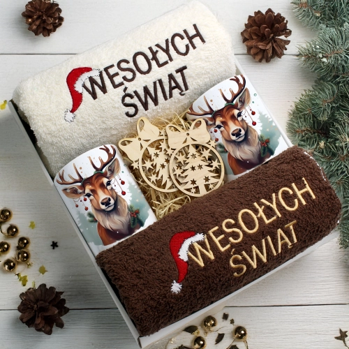 ZESTAW PREZENT ŚWIĄTECZNY KOMPLET KUBKI RĘCZNIKI ŚWIĘTA MIKOŁAJ POD CHOINKĘ