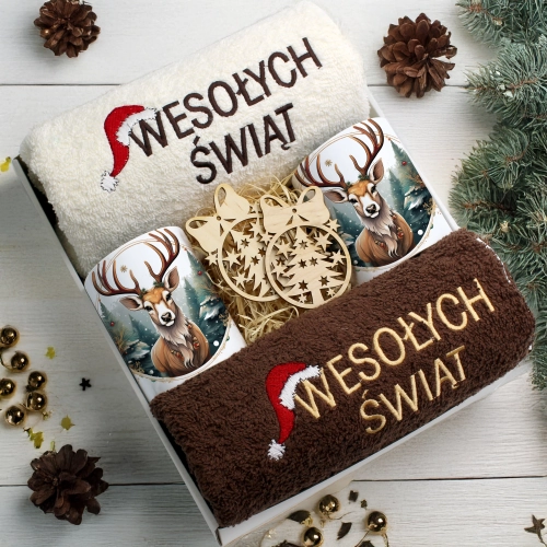 ZESTAW PREZENT ŚWIĄTECZNY KOMPLET KUBKI RĘCZNIKI ŚWIĘTA MIKOŁAJ POD CHOINKĘ