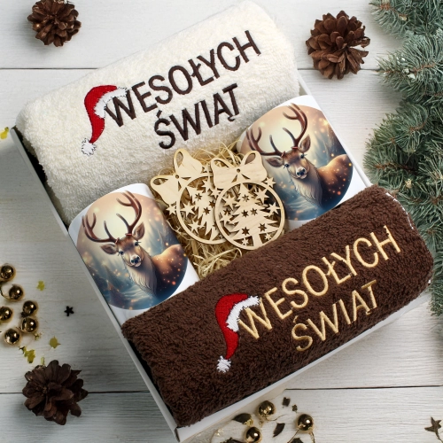 ZESTAW PREZENT ŚWIĄTECZNY KOMPLET KUBKI RĘCZNIKI ŚWIĘTA MIKOŁAJ POD CHOINKĘ