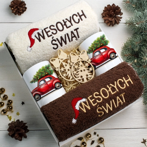 ZESTAW PREZENT ŚWIĄTECZNY KOMPLET KUBKI RĘCZNIKI ŚWIĘTA MIKOŁAJ POD CHOINKĘ