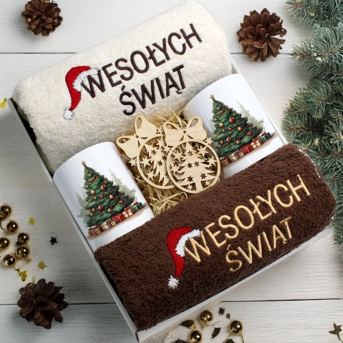 ZESTAW PREZENT ŚWIĄTECZNY KOMPLET KUBKI RĘCZNIKI ŚWIĘTA MIKOŁAJ POD CHOINKĘ