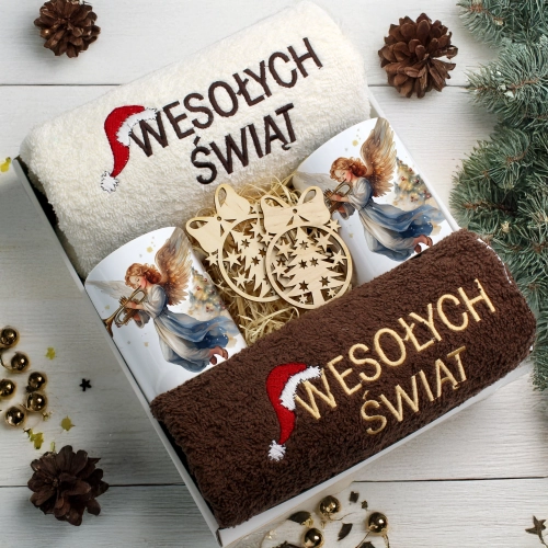 ZESTAW PREZENT ŚWIĄTECZNY KOMPLET KUBKI RĘCZNIKI ŚWIĘTA MIKOŁAJ POD CHOINKĘ