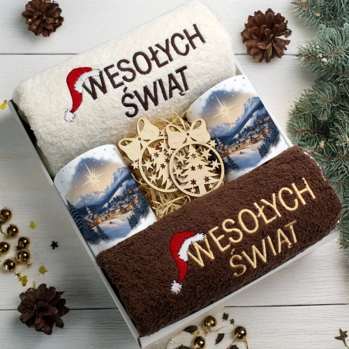ZESTAW PREZENT ŚWIĄTECZNY KOMPLET KUBKI RĘCZNIKI ŚWIĘTA MIKOŁAJ POD CHOINKĘ
