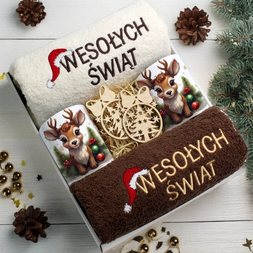 ZESTAW PREZENT ŚWIĄTECZNY KOMPLET KUBKI RĘCZNIKI ŚWIĘTA MIKOŁAJ POD CHOINKĘ