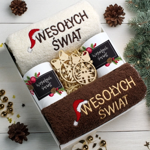 ZESTAW PREZENT ŚWIĄTECZNY KOMPLET KUBKI RĘCZNIKI ŚWIĘTA MIKOŁAJ POD CHOINKĘ