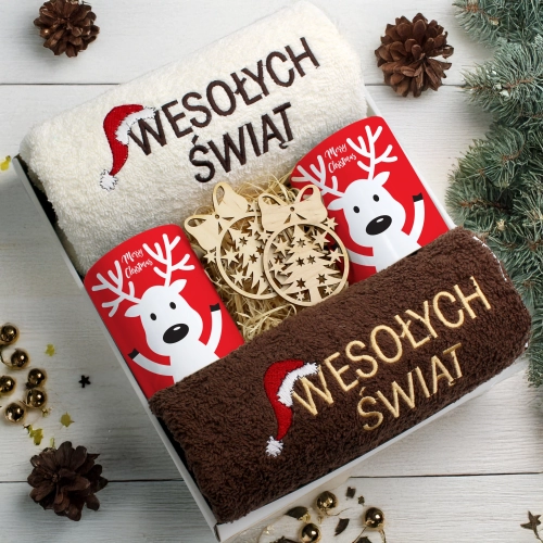 ZESTAW PREZENT ŚWIĄTECZNY KOMPLET KUBKI RĘCZNIKI ŚWIĘTA MIKOŁAJ POD CHOINKĘ