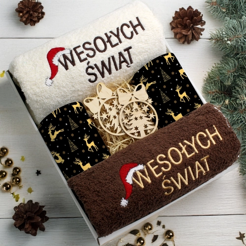 ZESTAW PREZENT ŚWIĄTECZNY KOMPLET KUBKI RĘCZNIKI ŚWIĘTA MIKOŁAJ POD CHOINKĘ