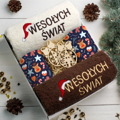 ZESTAW PREZENT ŚWIĄTECZNY KOMPLET KUBKI RĘCZNIKI ŚWIĘTA MIKOŁAJ POD CHOINKĘ