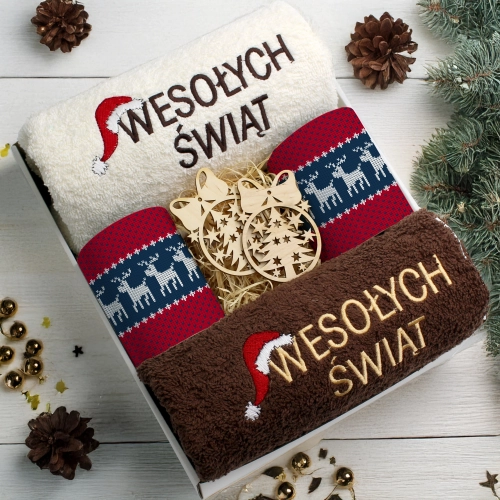 ZESTAW PREZENT ŚWIĄTECZNY KOMPLET KUBKI RĘCZNIKI ŚWIĘTA MIKOŁAJ POD CHOINKĘ
