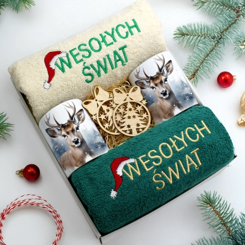 ZESTAW PREZENT ŚWIĄTECZNY KOMPLET KUBKI RĘCZNIKI ŚWIĘTA MIKOŁAJ POD CHOINKĘ