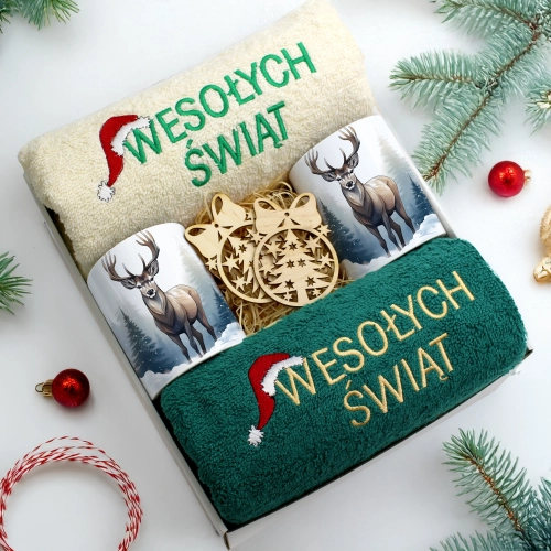 ZESTAW PREZENT ŚWIĄTECZNY KOMPLET KUBKI RĘCZNIKI ŚWIĘTA MIKOŁAJ POD CHOINKĘ