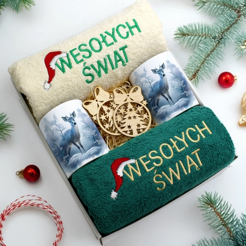 ZESTAW PREZENT ŚWIĄTECZNY KOMPLET KUBKI RĘCZNIKI ŚWIĘTA MIKOŁAJ POD CHOINKĘ