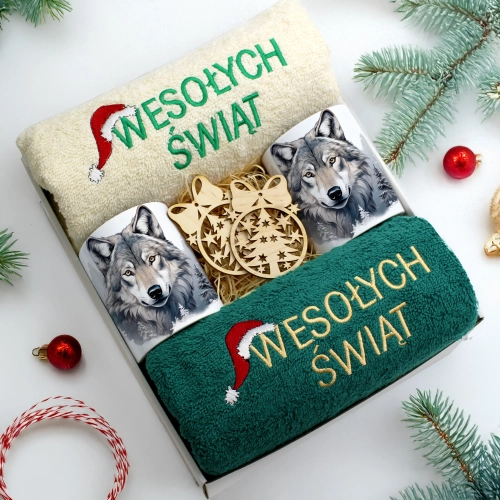 ZESTAW PREZENT ŚWIĄTECZNY KOMPLET KUBKI RĘCZNIKI ŚWIĘTA MIKOŁAJ POD CHOINKĘ